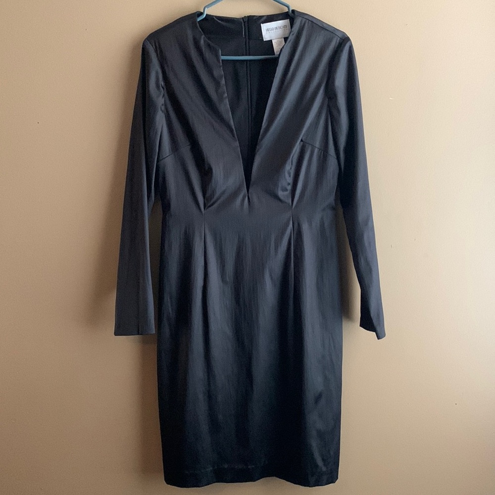Hugo Buscati Collection plunging neck black dress.